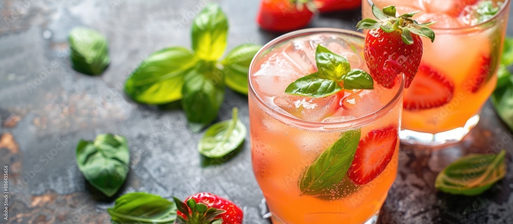 Poster strawberry basil lemonade cocktail in a glass with a strawberry garnish displayed in a copy space im