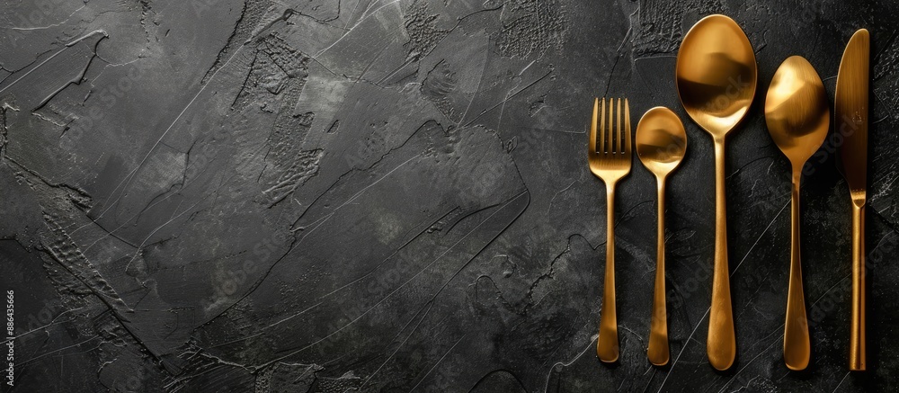 Poster elegant dining setup with golden silverware on a dark backdrop with copy space image