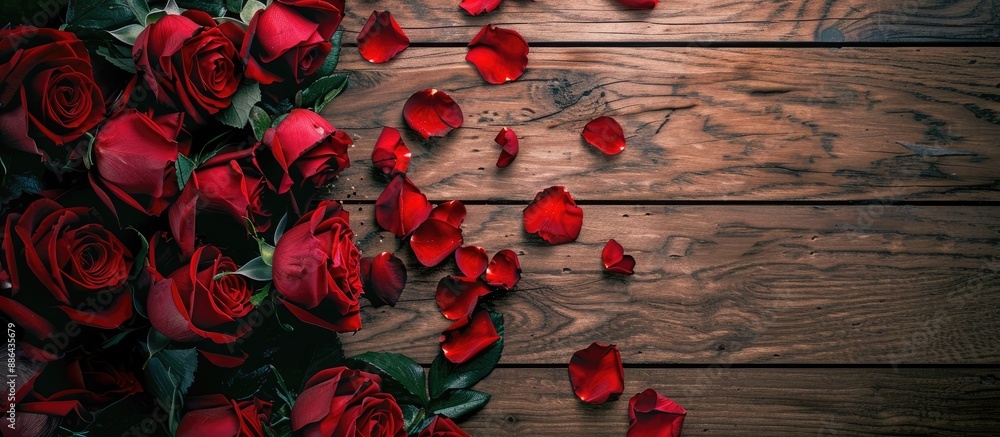 Poster Looking down on red roses and petals on a wooden floor with a Valentine s Day theme and available space for adding text or images. with copy space image. Place for adding text or design