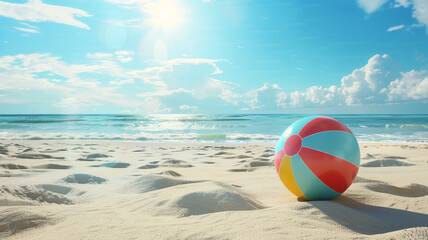 Obraz premium Colorful beach ball on the sand by the sea, blue sky and sunny day