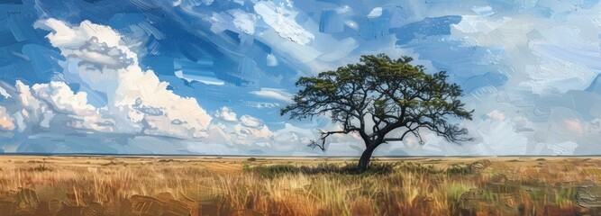 Solitary Tree in a Golden Field Under a Blue Sky