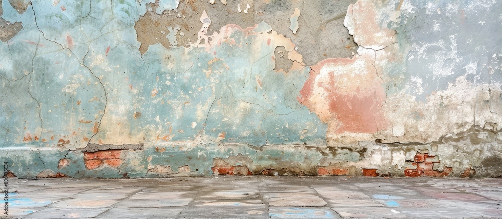 Aufkleber Old weathered walls with cracked paint and uneven plaster create a rustic backdrop with a blank space for your text or image. with copy space image. Place for adding text or design