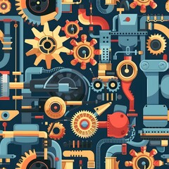 Seamless pattern of machinery with various technical and industrial elements, illustrated in flat style vector 