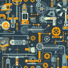 Seamless pattern of machinery with various technical and industrial elements, illustrated in flat style vector 