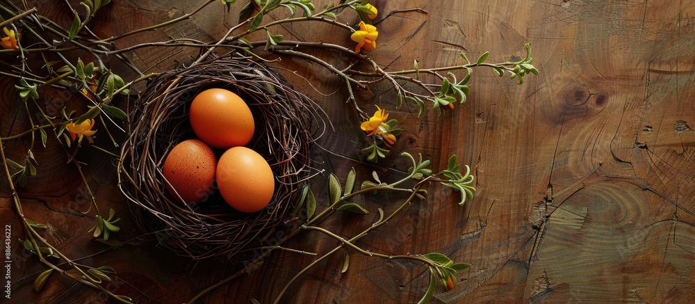 Fototapete Yellow orange and brown eggs in a nest of wooden twigs on a table with green twigs embodying Easter and spring themes with blank space for an image and a bird s eye view. with copy space image