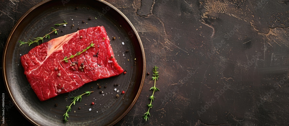 Leinwandbilder top view of a fresh raw denver or top blade steak served on a rustic plate with thyme against a dark