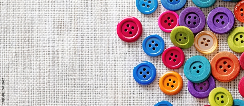 Poster frame made of multi colored buttons on a white woven background with copy space image