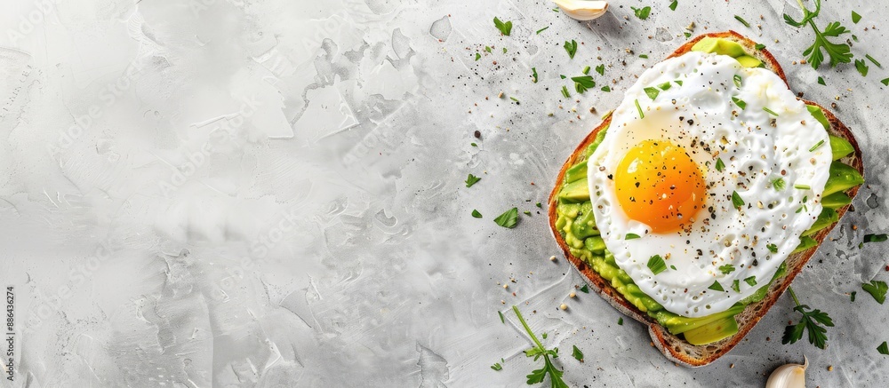 Aufkleber vegetarian avocado toast with egg on bread perfect for breakfast or lunch top view image with copy s