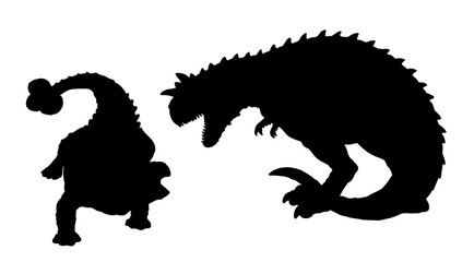 Black silhouette drawing of predatory dinosaur Carnotaurus attacks the Ankylosaurus. Dinosaur battle. Drawing with prehistoric animals.