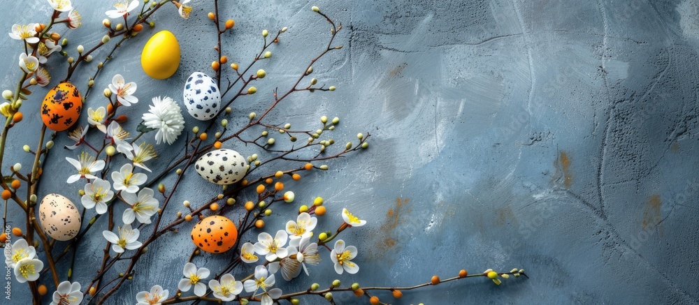 Aufkleber Create an Easter themed card design featuring willow twigs Easter eggs and flowers against a background with copy space image