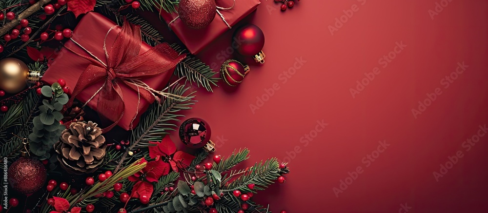 Poster festive christmas gift boxes decorated with fir branches ornaments and viburnum on a red backdrop wi