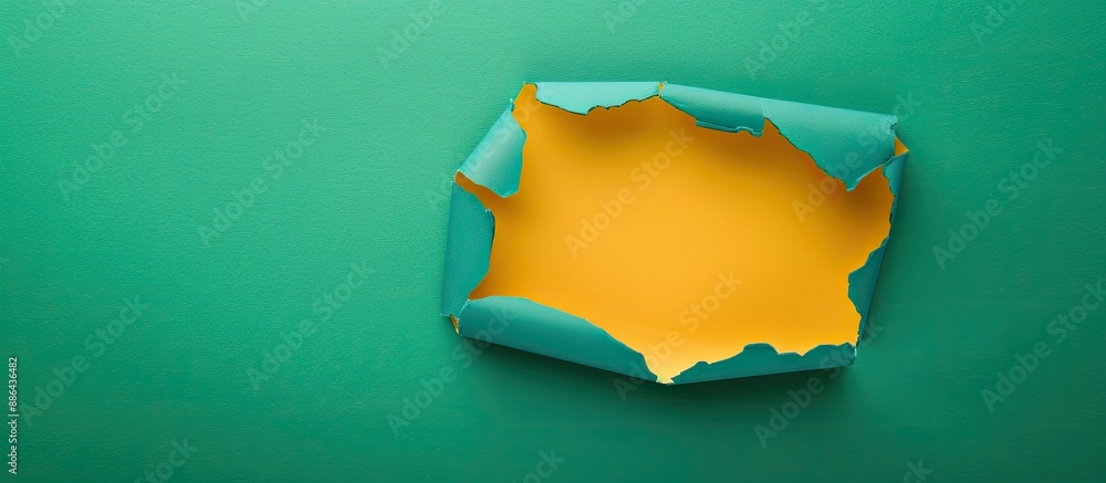 Poster Abstract green and yellow paper with a torn hole in the center background a flat lay design seen from above with available copy space image