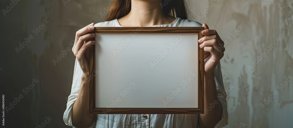 Poster A female is displaying a wooden frame with a blank copy space image for display