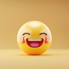 A 3D rendering of a yellow laughing emoji with a happy expression and rosy cheeks on a beige background.