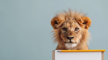 A young lion cub holding a pencil and positioned near a whiteboard in an indoor setting, creating a charming combination of animal innocence with elements of education and creativity.