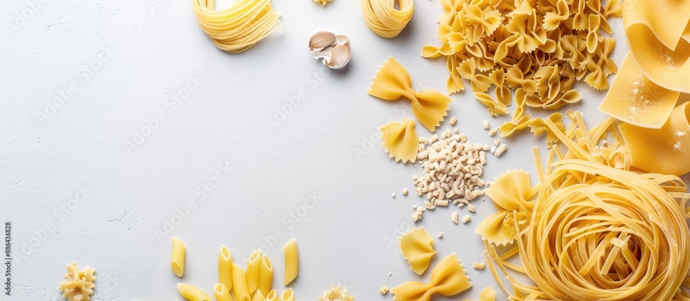 Poster Various types of Italian pasta displayed in a flatlay banner shot from above on a white background with ample copy space image