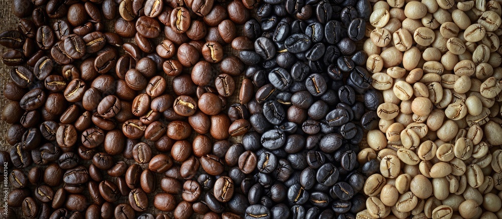 Poster Prepare to roast high quality coffee beans dried with solar energy in shades of dark and light brown Ideal for a backdrop or background in a copy space image