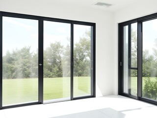 Obraz premium Open office glass window frame with modern, minimalistic house window isolated on background for interior design.