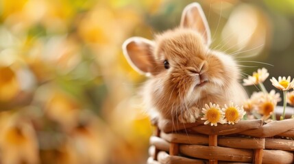 A cute bunny nests comfortably in a wicker basket surrounded by blooming daisies. The warm and cozy scene exhibits freshness, tranquility, and the innocence of nature.