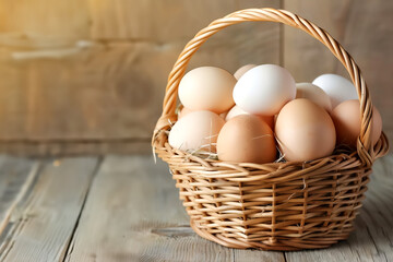 a wicker basket overflowing with freshly gathered chicken eggs, set on a rustic wooden table