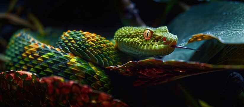 Bush Viper Atheris squamigera showcased in a striking setting with a dark backdrop perfect for a copy space image