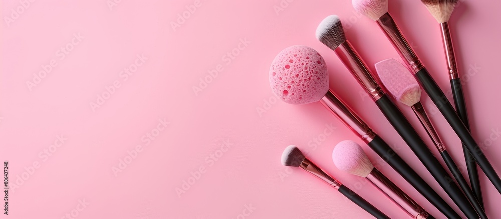 Poster pink background with a variety of makeup brushes sponges and cosmetics displayed creating a vibrant 