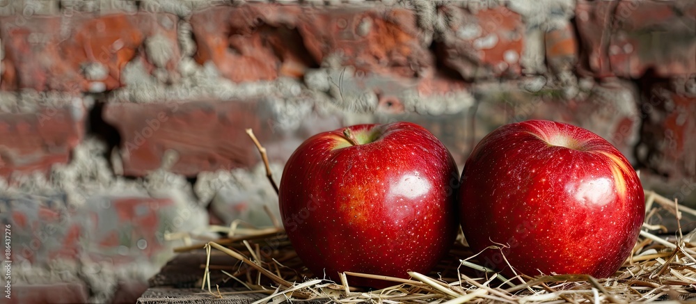 Leinwandbilder a high quality photo features two red ripe juicy apples placed on hay with a brick wall background c