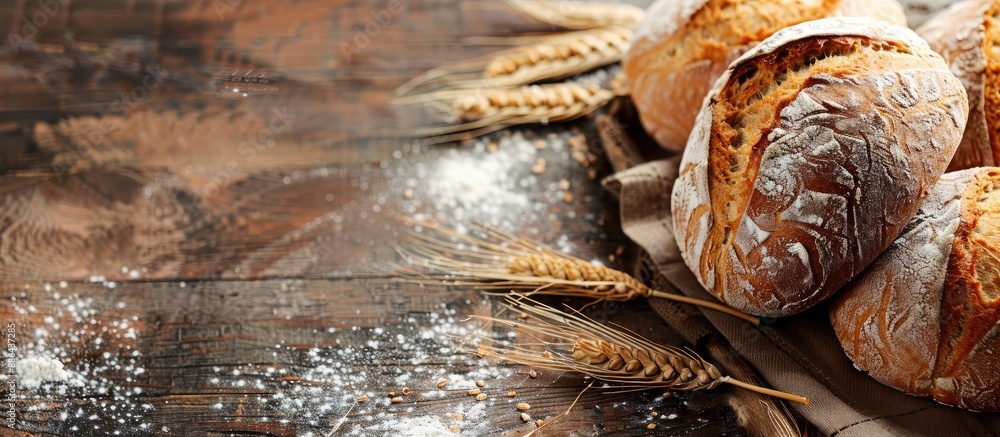 Fototapete rustic bakery concept with freshly baked round wheat bread slices against a rustic backdrop with cop