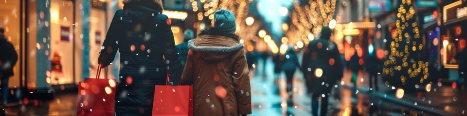 Obraz premium Abstract Innovative Concept of Christmas Shopping Bags on the Street. Festive Atmosphere, End-of-Season Sales, Increased Offline Consumption for New Year and National Day. AI-Generated 4K Wallpaper.