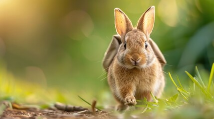 Fototapeta premium A lovable rabbit wearing a small backpack walking on a path under gentle sunlight, embodying themes of journey, exploration, and harmonious coexistence with nature.