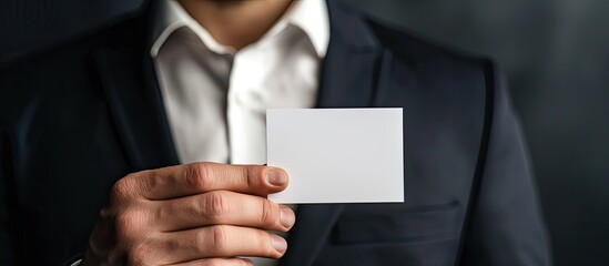 A businessman showcasing a card with a message in a copy space image