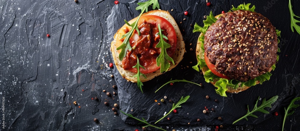 Poster top view of a homemade organic minced beef burger on a slate board with a copy space image backgroun