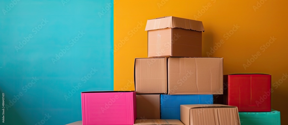 Poster Colorful background with blank cardboard boxes perfect for adding copy space image