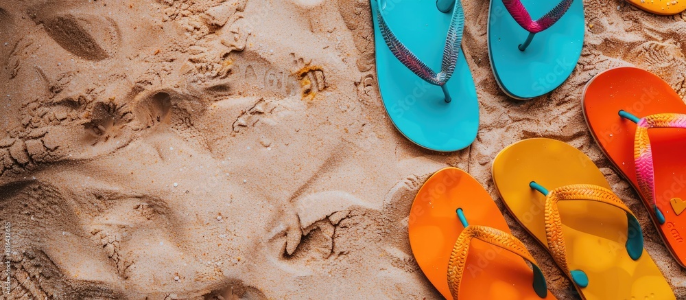 Poster vibrant flip flops spread out on sandy surface for a flat lay photo with copy space image