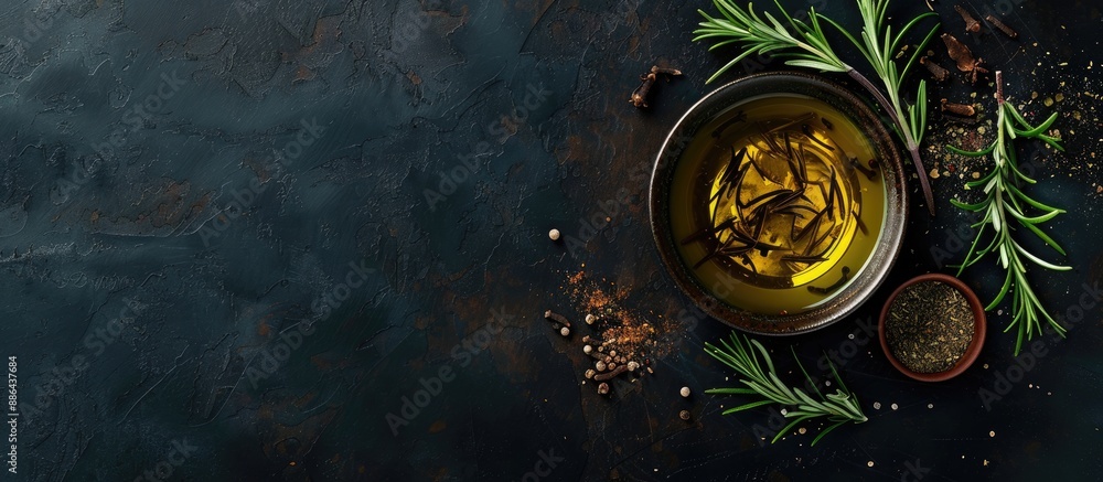 Poster dark background with a bowl of rosemary oil and spices perfect for culinary concepts with copy space
