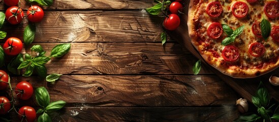Delicious pizza displayed on a wooden background with copy space image