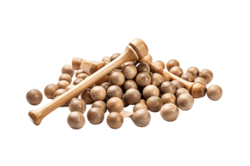 A Pile of Wooden Balls and a Stirring Stick on a White Background on a White or Clear Surface PNG Transparent Background