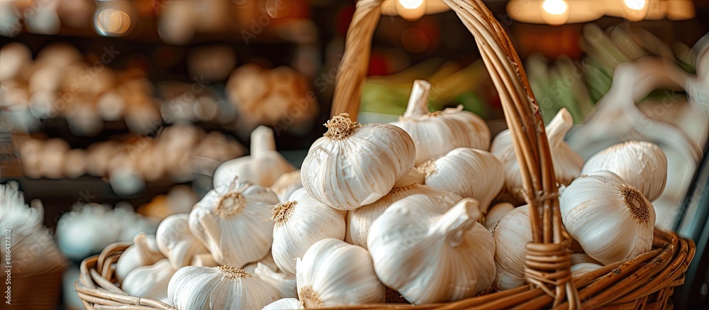 Poster close up of garlic in a basket with selective focus inviting copy space image
