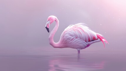 Naklejka premium Serene Flamingo: Digital Art of Graceful Bird in Peaceful Lake Setting