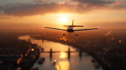 An airplane soars gracefully over a cityscape bathed in the golden hues of the setting sun, with a prominent bridge and winding river below, evoking serenity and adventure.