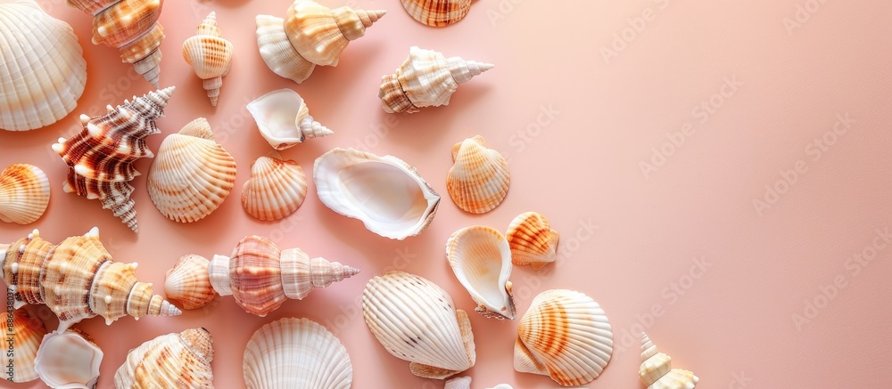 Poster seashells arranged in a top view on pastel colored paper with copy space image