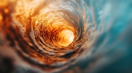 A striking image featuring a swirling vortex in golden and teal hues, vividly capturing the sense of dynamic movement and depth, offering a captivating visual experience.