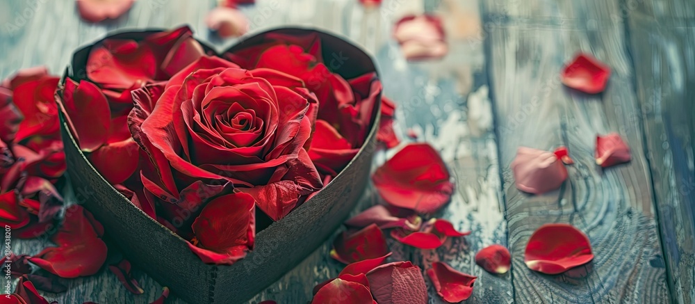 Aufkleber A close up image of a vibrant red rose with its petals arranged in a heart shaped box on a wooden background with copy space image