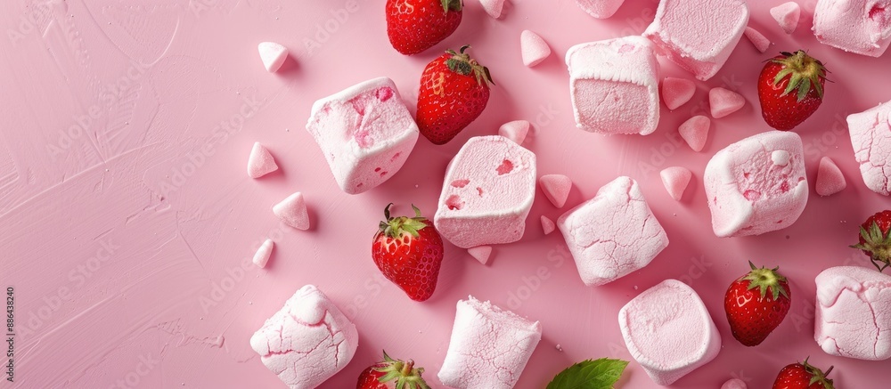 Poster pink homemade marshmallows or zephyr with pink strawberry dessert on a pink background creating a vi
