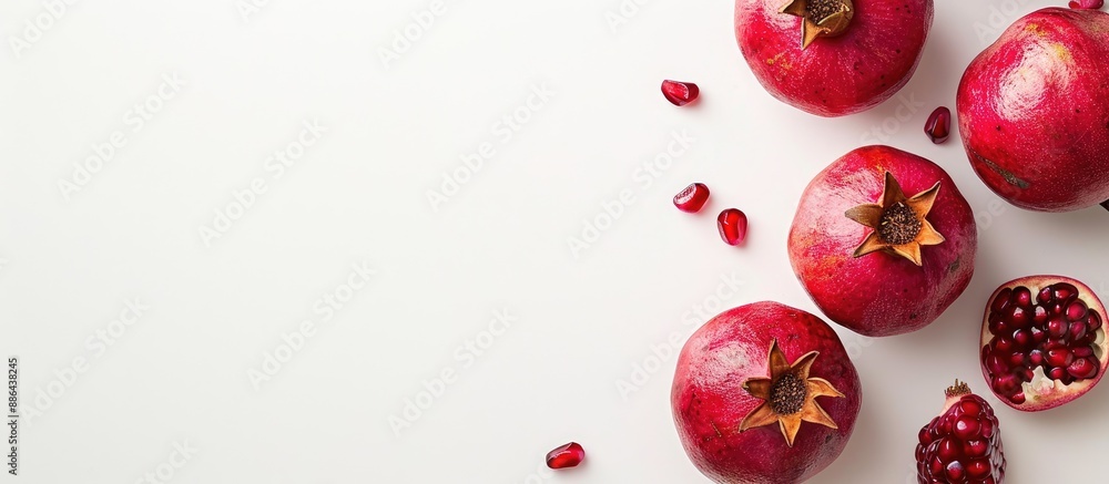 Leinwandbilder top view of a pomegranate fruit arrangement on a white background with available copy space image