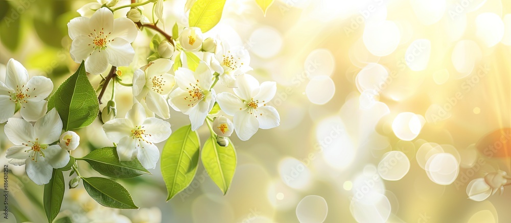 Aufkleber Soft focus on a springtime branch adorned with delicate white jasmine flowers set against a sunny backdrop Ideal for a banner with copy space image