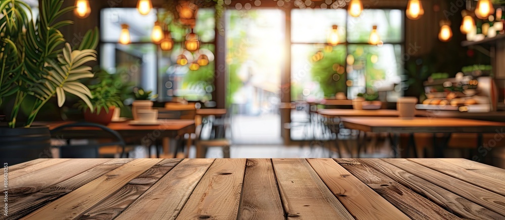 Leinwandbilder a brown wooden table with copy space image to feature products against a blurred coffee shop backgro