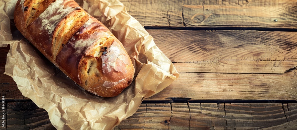 Poster Vintage style filtered image of bread with sausage on a wooden backdrop with copy space image