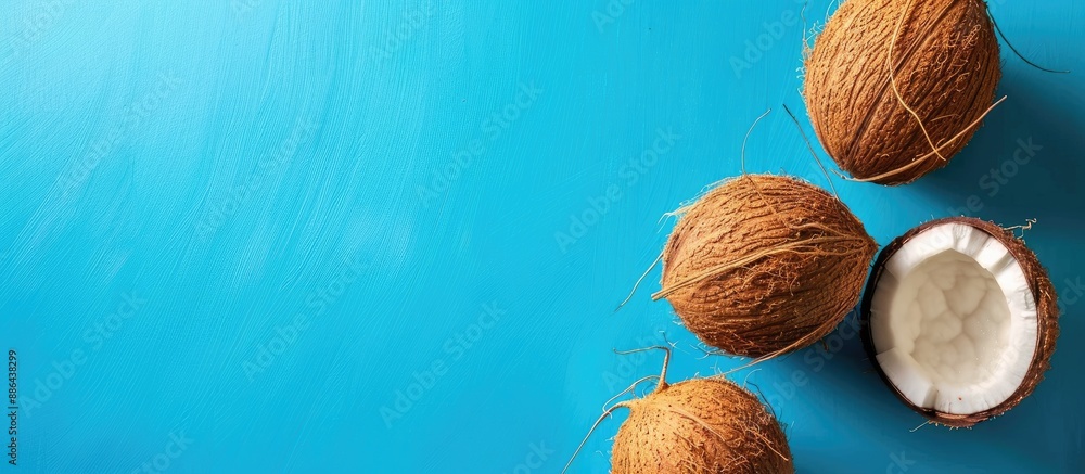 Poster coconut fruits on a bright blue background creating an abstract tropical food concept with an angled