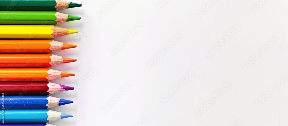 Aufkleber rainbow color pencils on a white backdrop with copy space image perfect for back to school with room